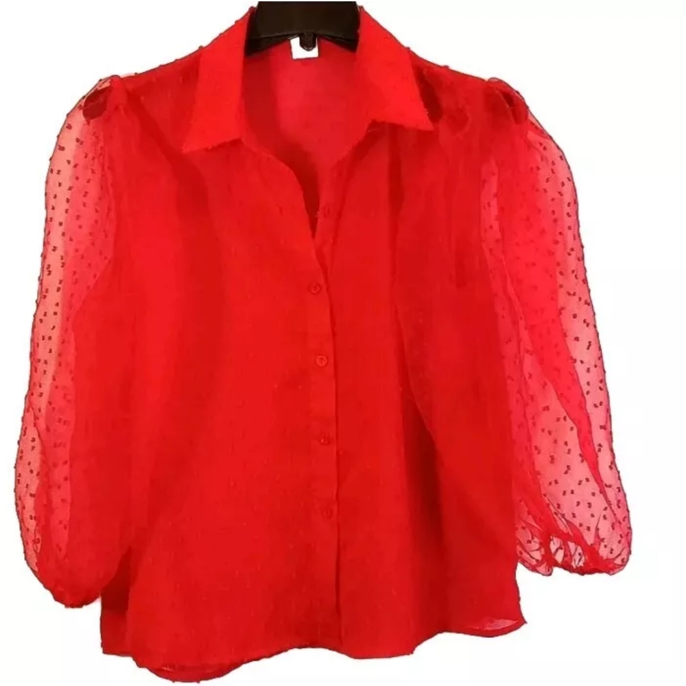 Vivid Women's Red Sheer Button Down Up Blouse Size Medium